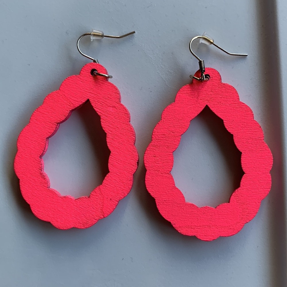 Hot Pink Wood Teardrop Earrings - Picture 4 of 7